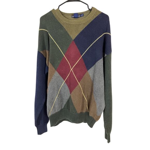 Vintage 90s Nautica Green Blue Mens L Argyle Knit Grandpacore Preppy Sweater - Picture 1 of 8